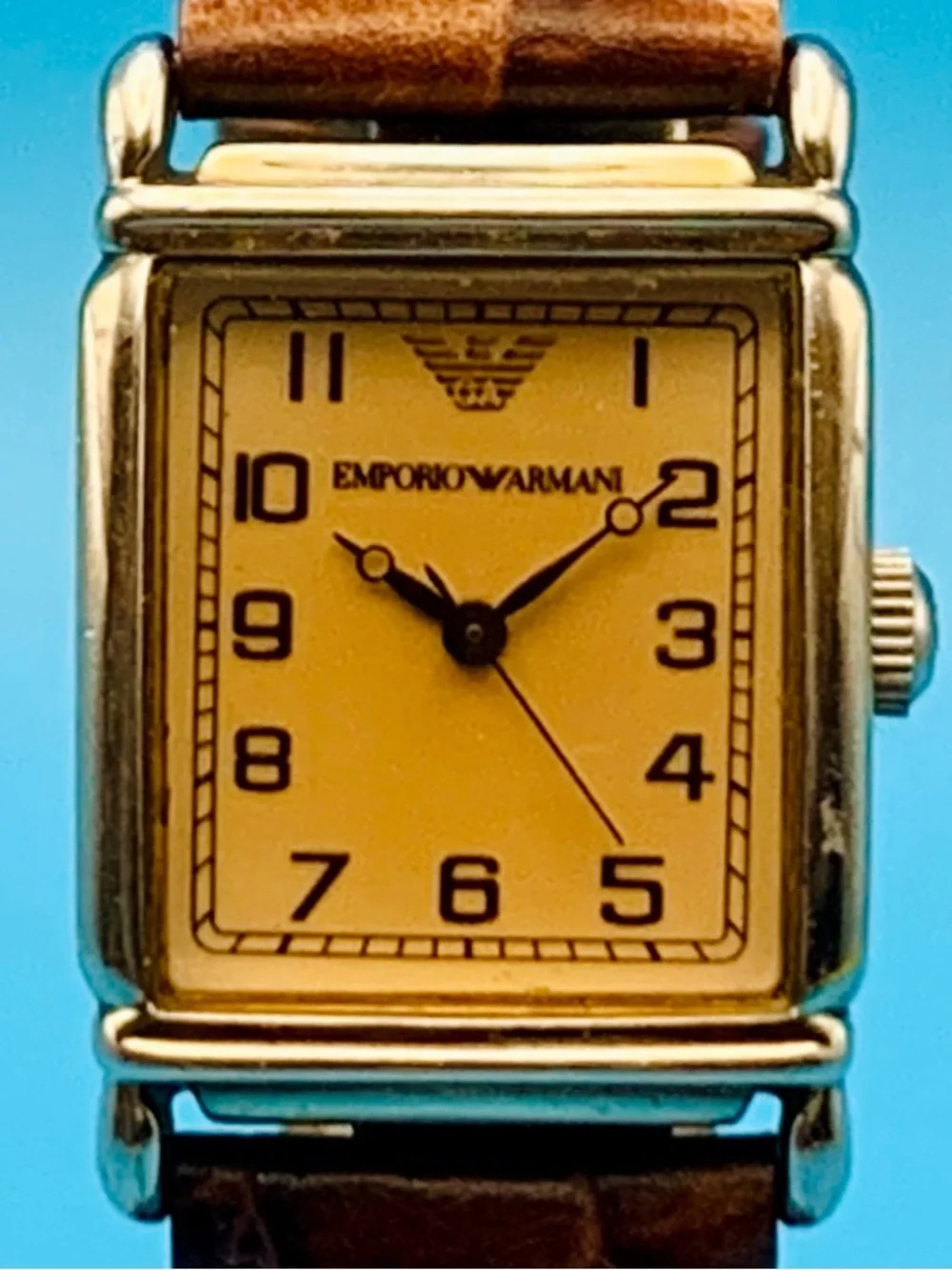 EMPORIO ARMANI AR-0204 Men’s Tank Style Quartz Wristwatch Leather Strap Working